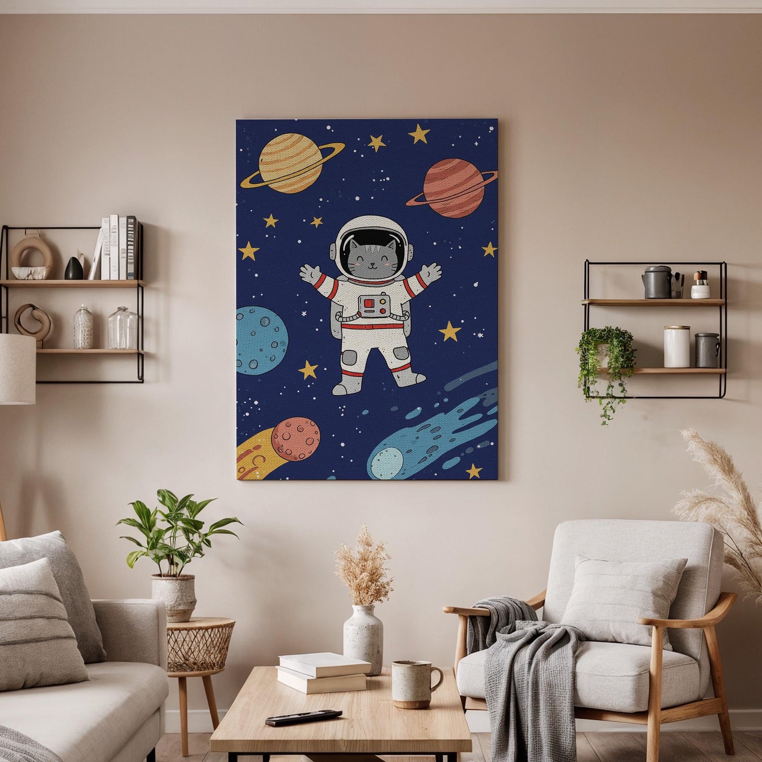 Astronaut Cat Canvas Wall Art, Space Themed Kids Room Decor, Cute Cosmic Animal Print, Framed Galaxy Artwork with Planets and Stars
