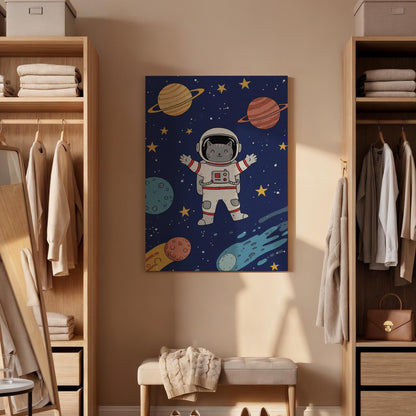 Astronaut Cat Canvas Wall Art, Space Themed Kids Room Decor, Cute Cosmic Animal Print, Framed Galaxy Artwork with Planets and Stars
