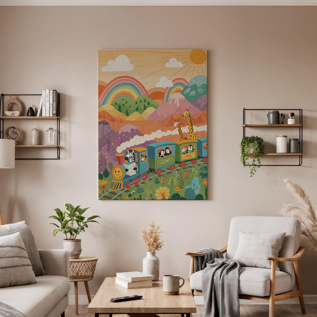 Rainbow Animal Train Canvas Wall Art, Whimsical Kids Room Decor, Colorful Nursery Illustration Print, Framed Playful Artwork with Mountains