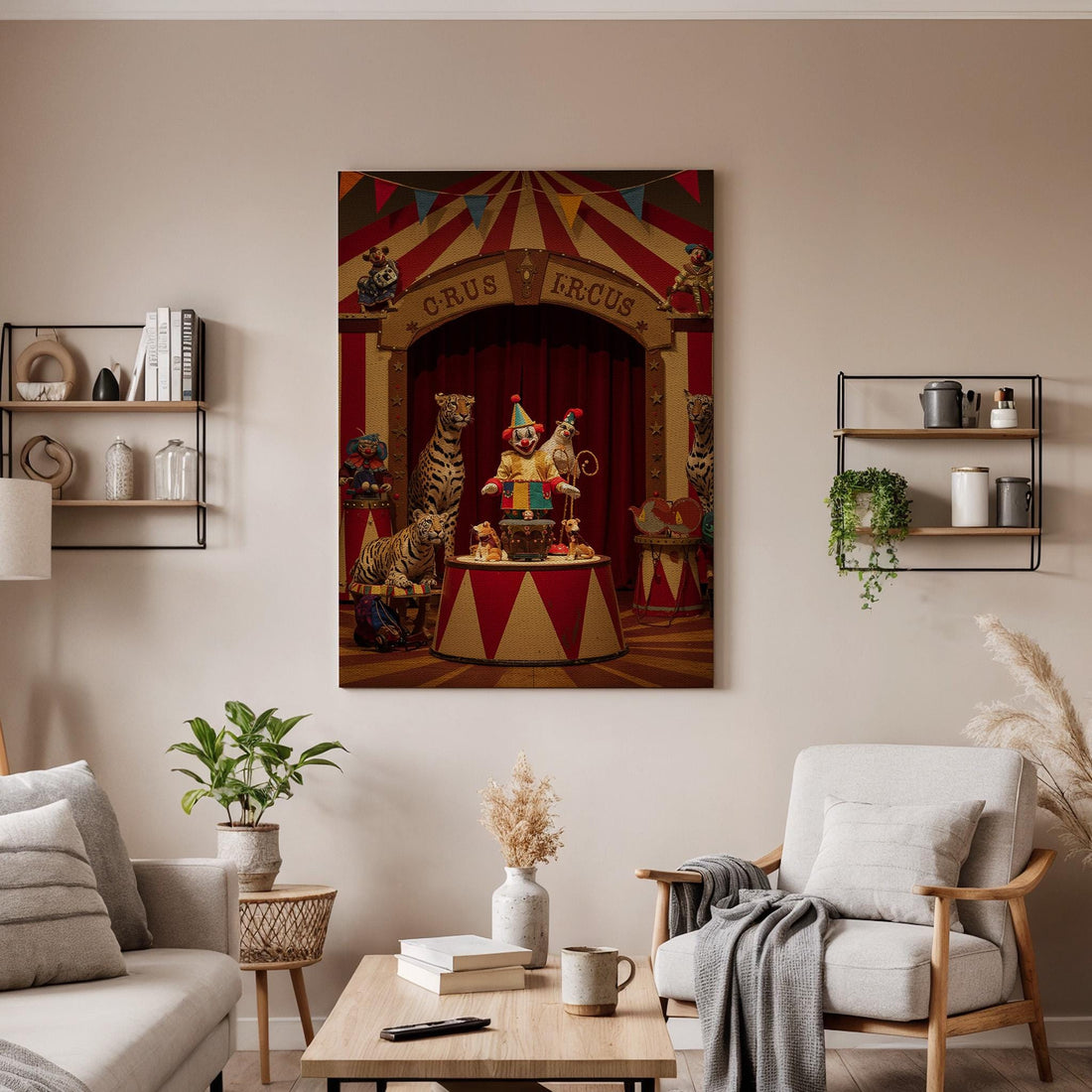 Circus Clown Canvas Wall Art, Vintage Carnival Print, Retro Big Top Decor with Tigers and Acrobats, Framed Whimsical Artwork for Living Room