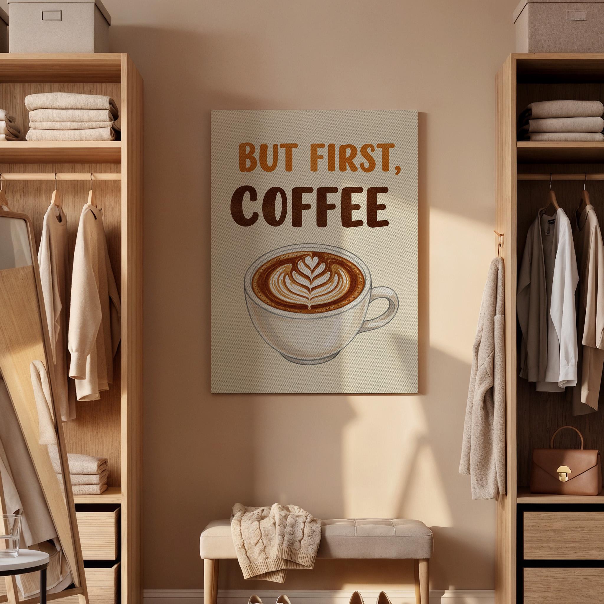 But First Coffee Canvas Wall Art, Rustic Kitchen Print with Latte Art, Modern Cafe Decor, Quote Typography Artwork, Framed Dining Room