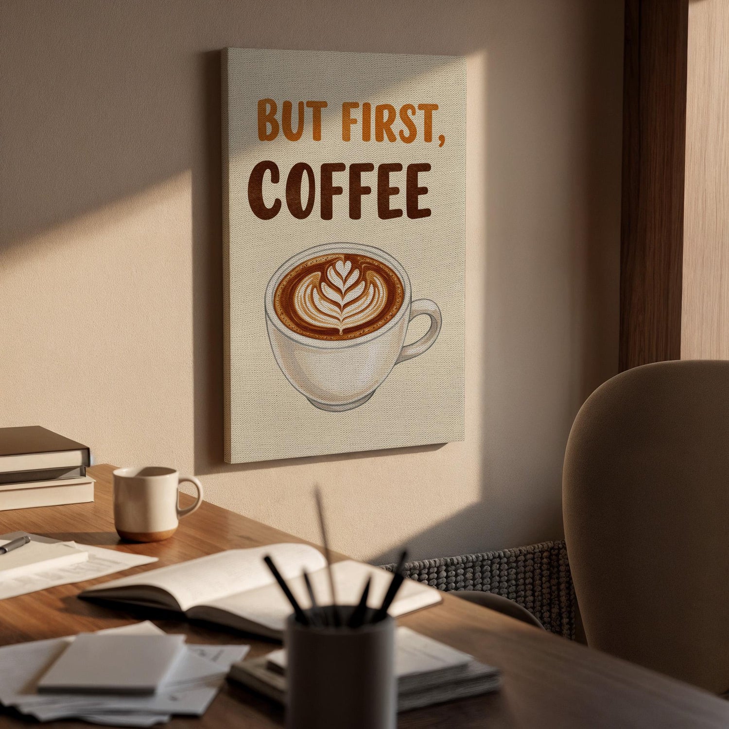 But First Coffee Canvas Wall Art, Rustic Kitchen Print with Latte Art, Modern Cafe Decor, Quote Typography Artwork, Framed Dining Room