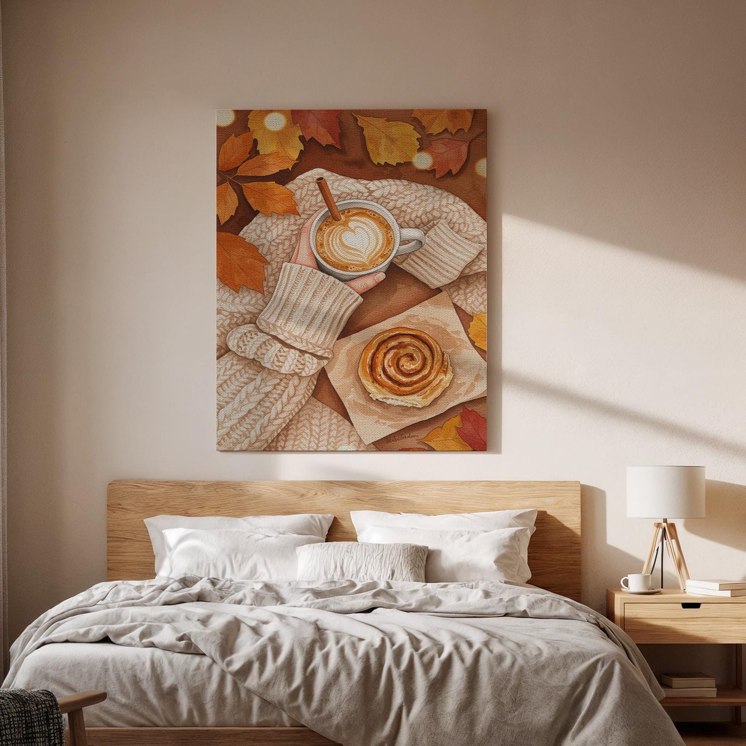 Autumn Coffee Canvas Wall Art, Cozy Fall Print with Sweater, Cinnamon Roll, Rustic Kitchen Decor, Seasonal Cafe Artwork, Framed Dining Room