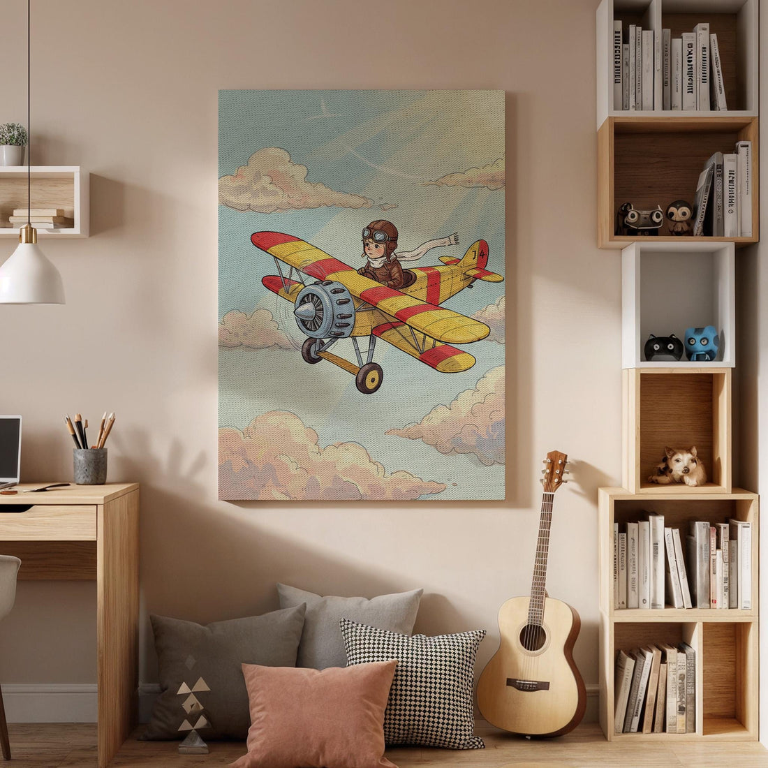 Aviator Kids Canvas Wall Art, Vintage Airplane Print with Clouds, Whimsical Pilot Artwork for Nursery or Playroom,Fun Adventure Framed Decor