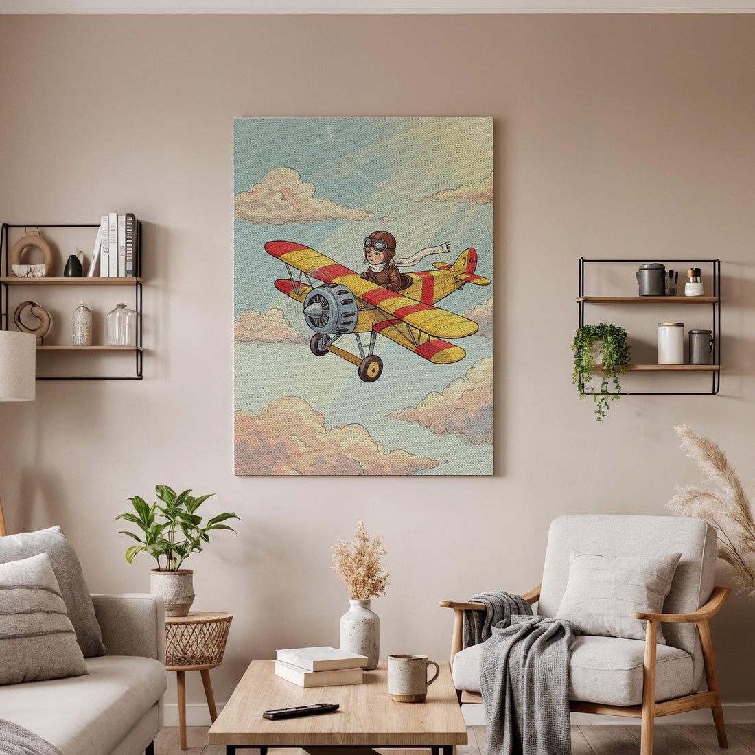 Aviator Kids Canvas Wall Art, Vintage Airplane Print with Clouds, Whimsical Pilot Artwork for Nursery or Playroom,Fun Adventure Framed Decor
