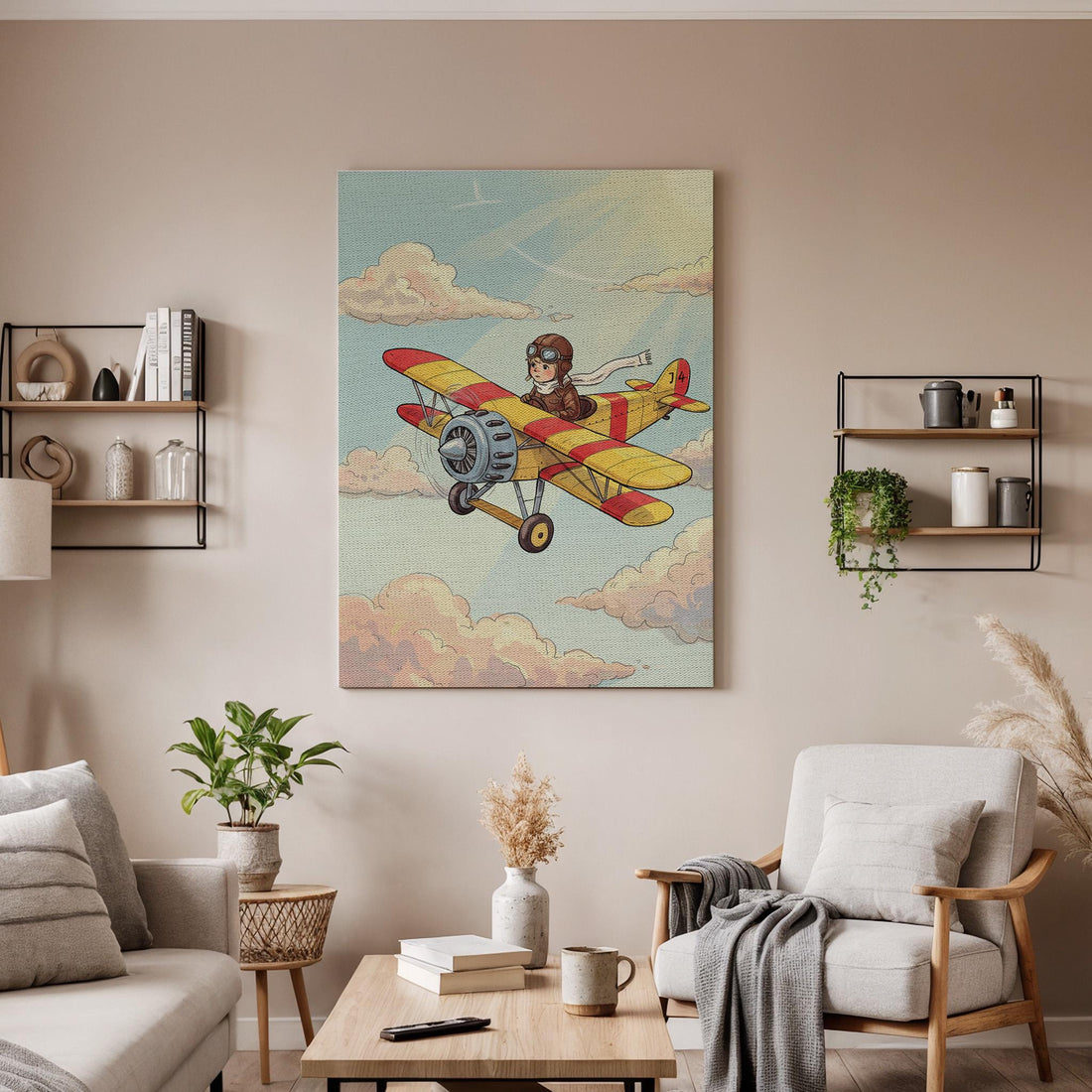Aviator Kids Canvas Wall Art, Vintage Airplane Print with Clouds, Whimsical Pilot Artwork for Nursery or Playroom,Fun Adventure Framed Decor