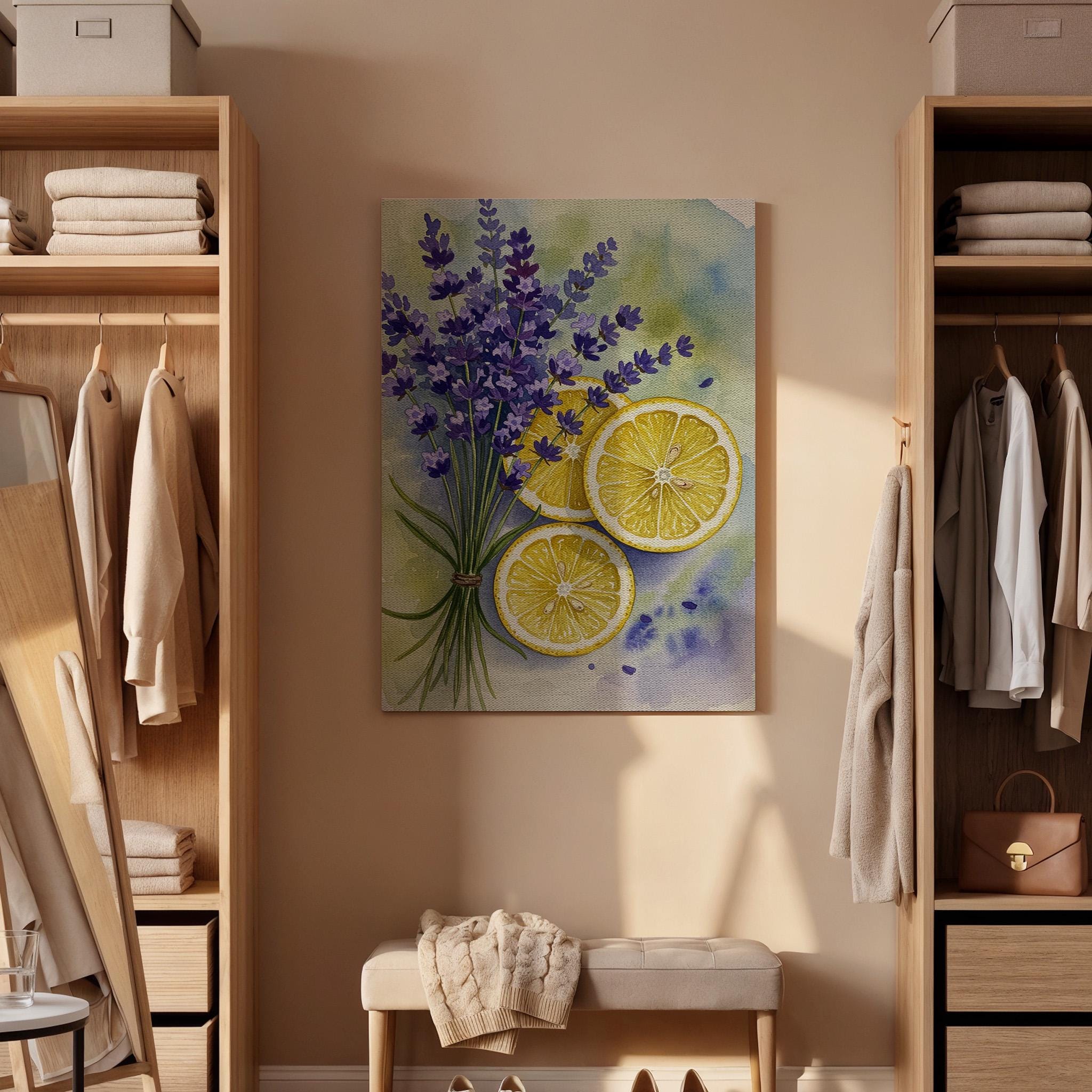 Lavender Lemon Canvas Wall Art, Kitchen Botanical Print, Fresh Herb and Fruit Illustration, Rustic Country Style Decor for Dining Room