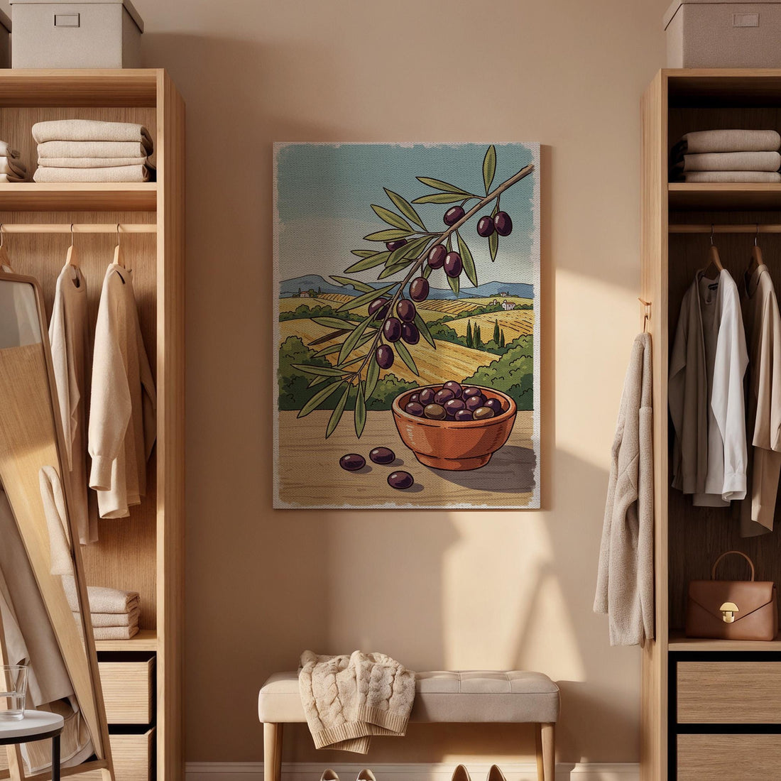 Olive Branch Canvas Art, Mediterranean Kitchen Decor, Framed Botanical Print