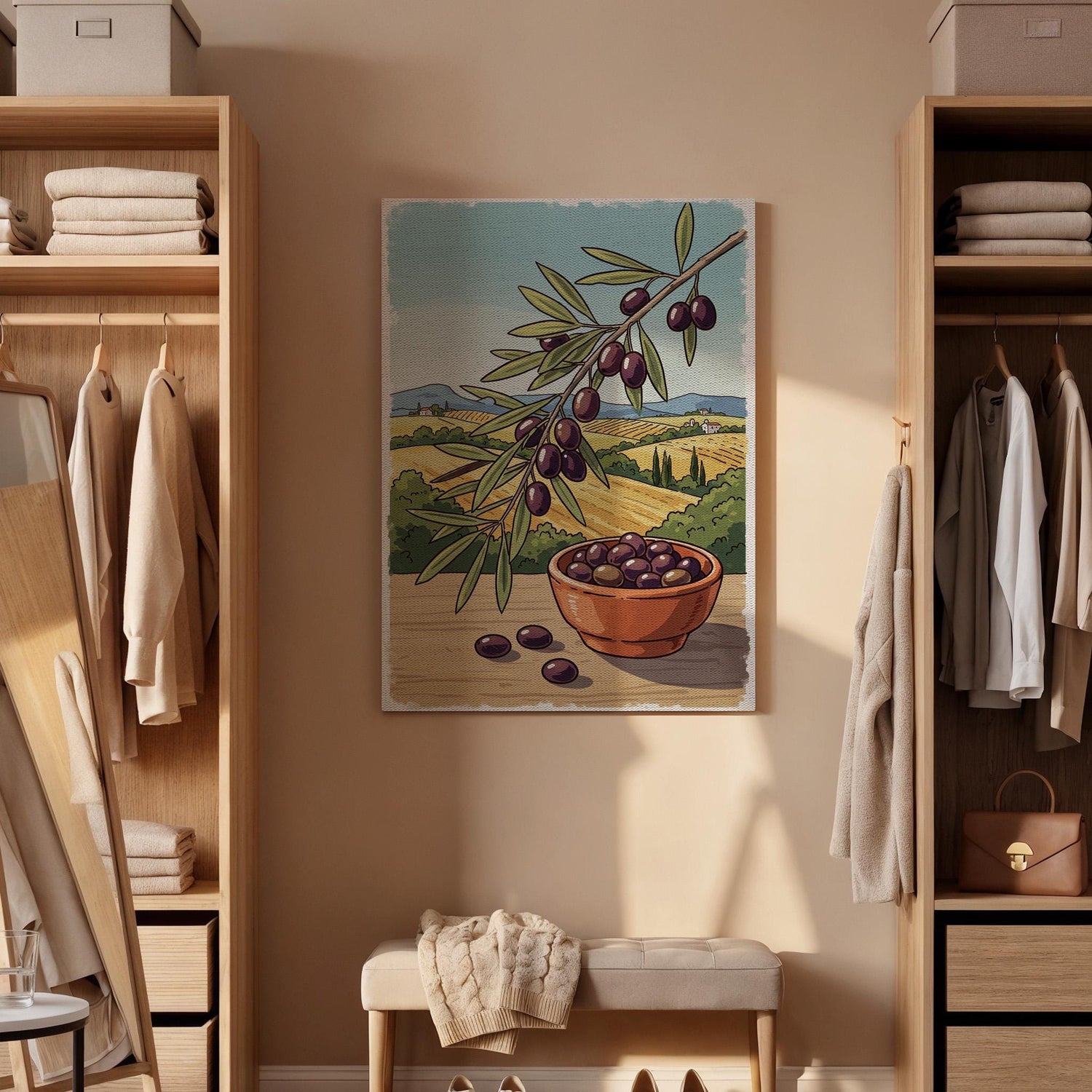 Olive Branch Canvas Art, Mediterranean Kitchen Decor, Framed Botanical Print