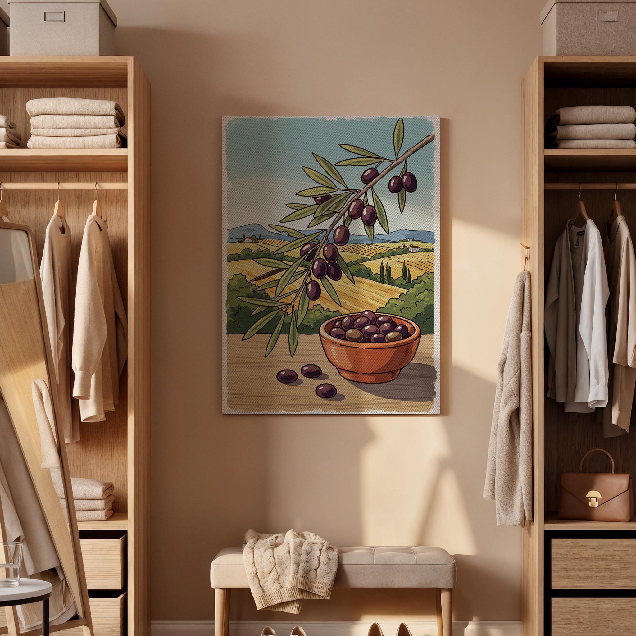 Olive Branch Canvas Art, Mediterranean Kitchen Decor, Framed Botanical Print