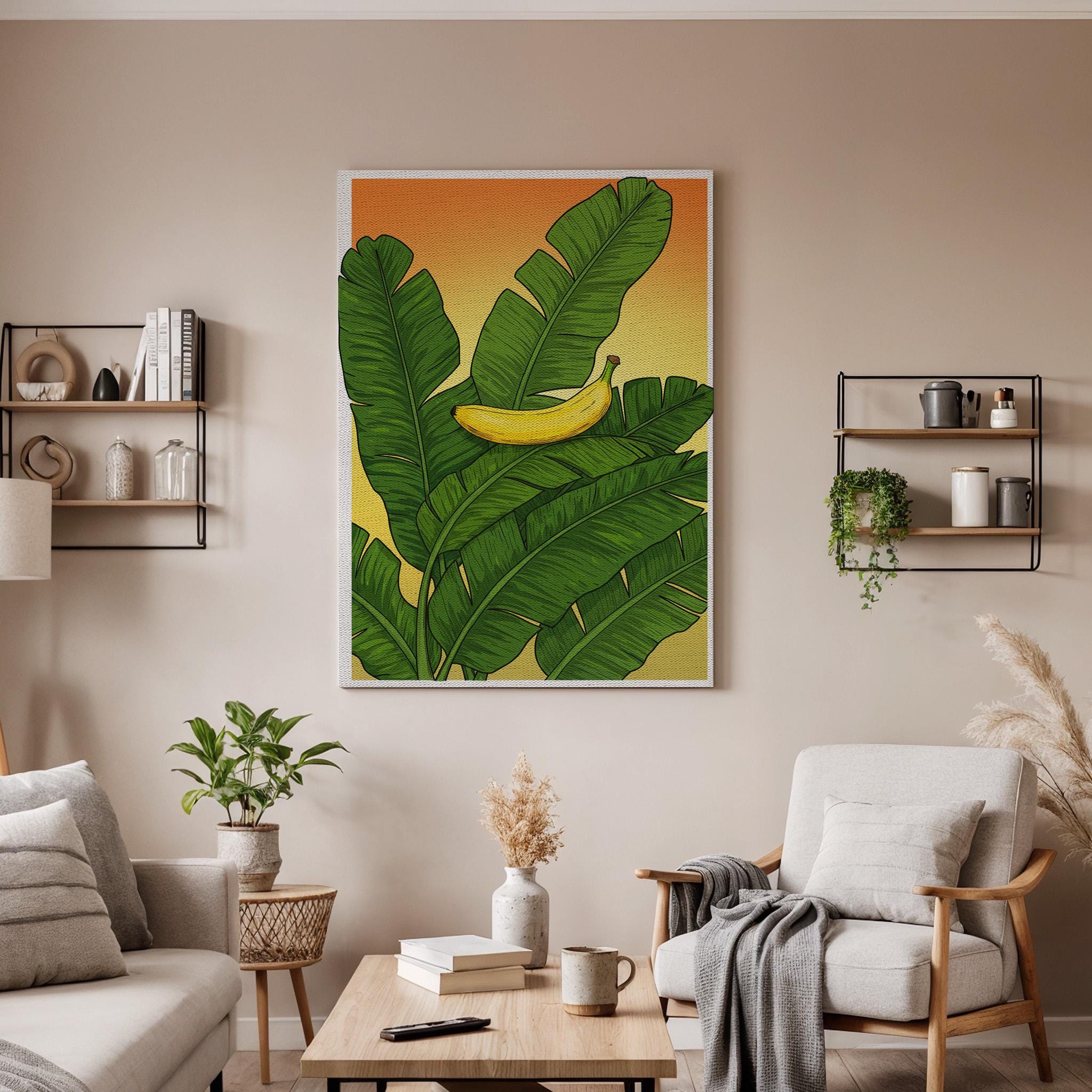 Banana Leaf Canvas Wall Art, Tropical Fruit Print, Green Botanical Kitchen Artwork, Vibrant Nature Decor, Framed Exotic Food Wall Hanging