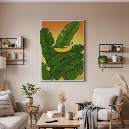 Banana Leaf Canvas Wall Art, Tropical Fruit Print, Green Botanical Kitchen Artwork, Vibrant Nature Decor, Framed Exotic Food Wall Hanging