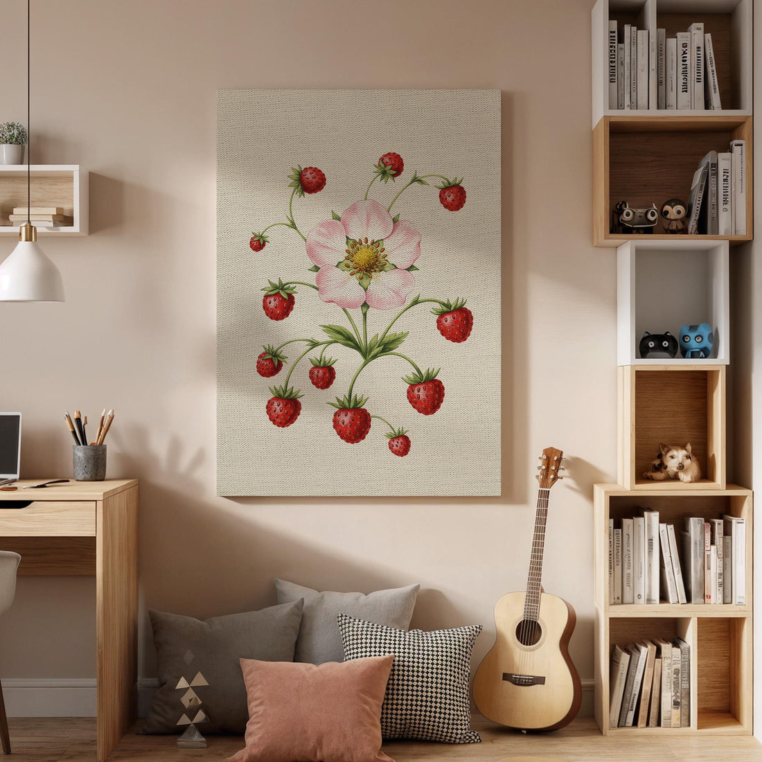 Strawberry Botanical Canvas Wall Art, Vintage Fruit Flower Print, Rustic Kitchen Decor, Farmhouse Dining Artwork, Framed Garden Illustration