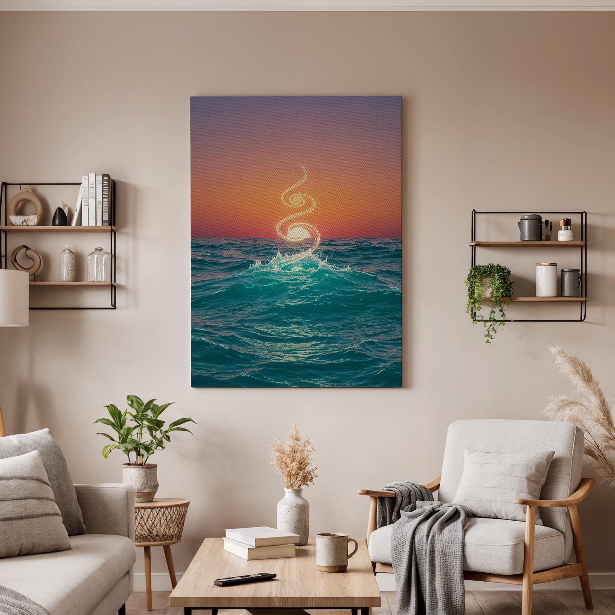 Ocean Sunset Canvas Wall Art, Spiritual Wave Print, Abstract Seascape Decor, Framed Nature Artwork for Living Room Bedroom, Meditation Space