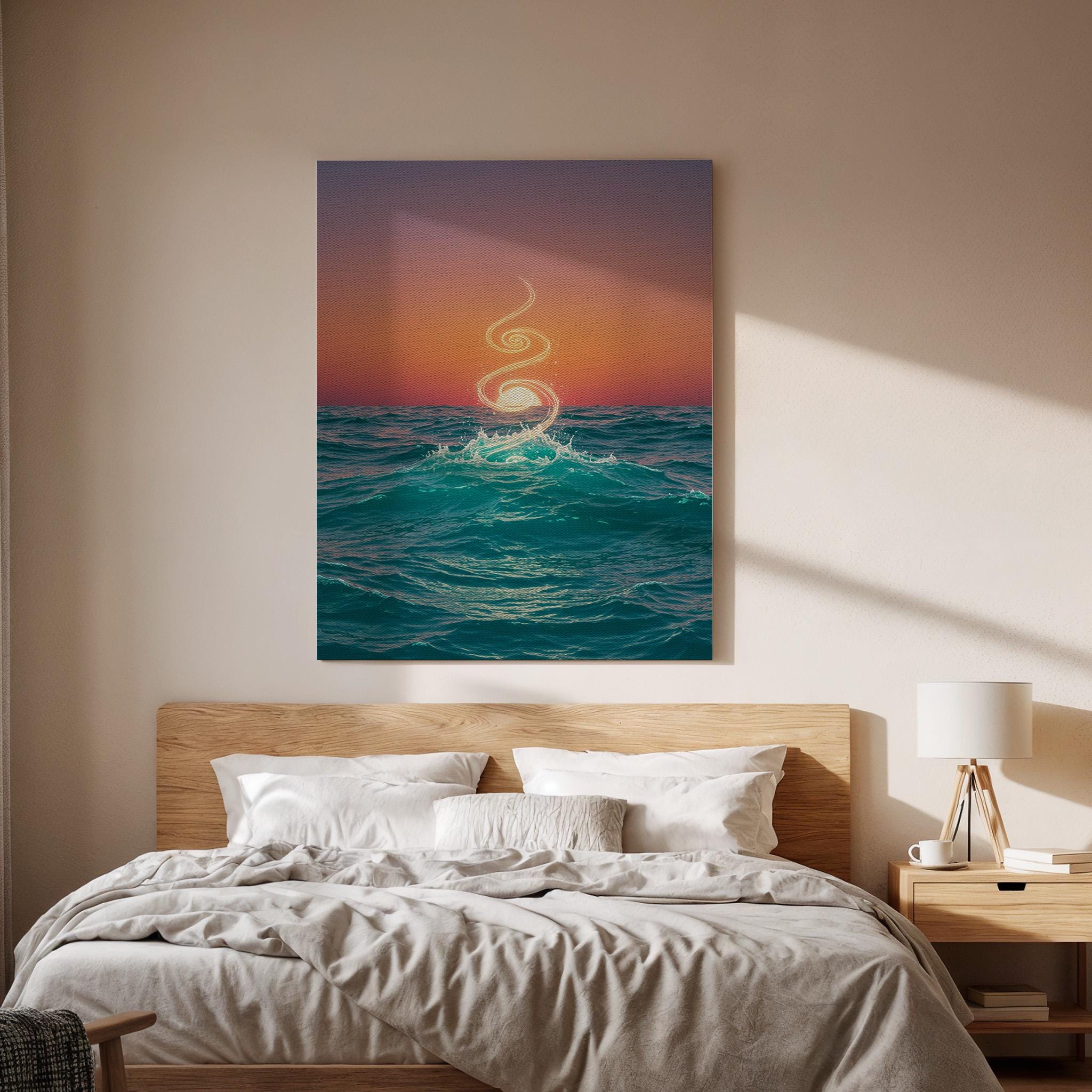 Ocean Sunset Canvas Wall Art, Spiritual Wave Print, Abstract Seascape Decor, Framed Nature Artwork for Living Room Bedroom, Meditation Space