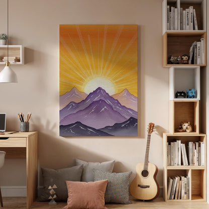 Sunrise Mountain Canvas Wall Art, Purple Sunset Landscape Print, Framed Minimal Nature Decor, Abstract Mountain Artwork for Living Room