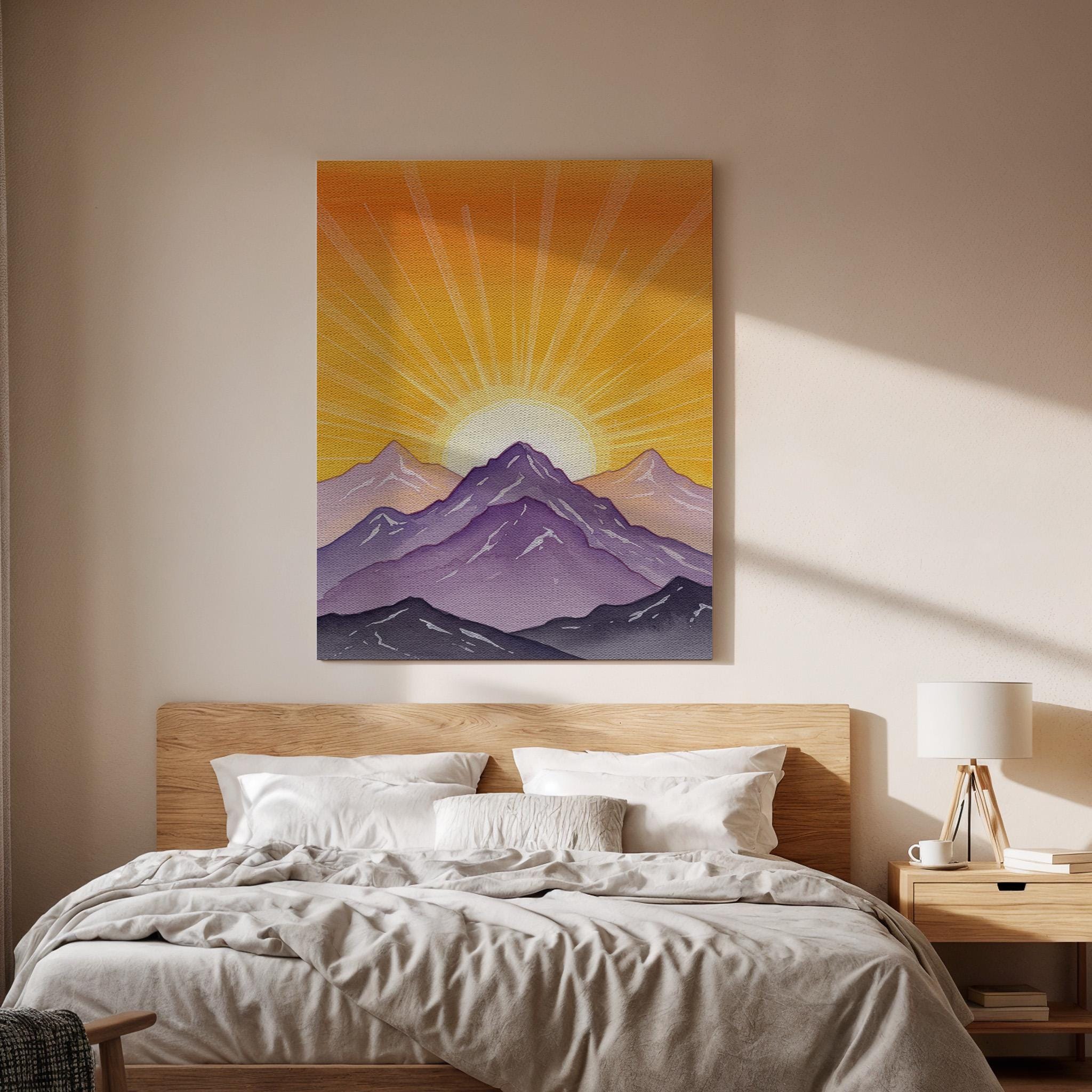 Sunrise Mountain Canvas Wall Art, Purple Sunset Landscape Print, Framed Minimal Nature Decor, Abstract Mountain Artwork for Living Room