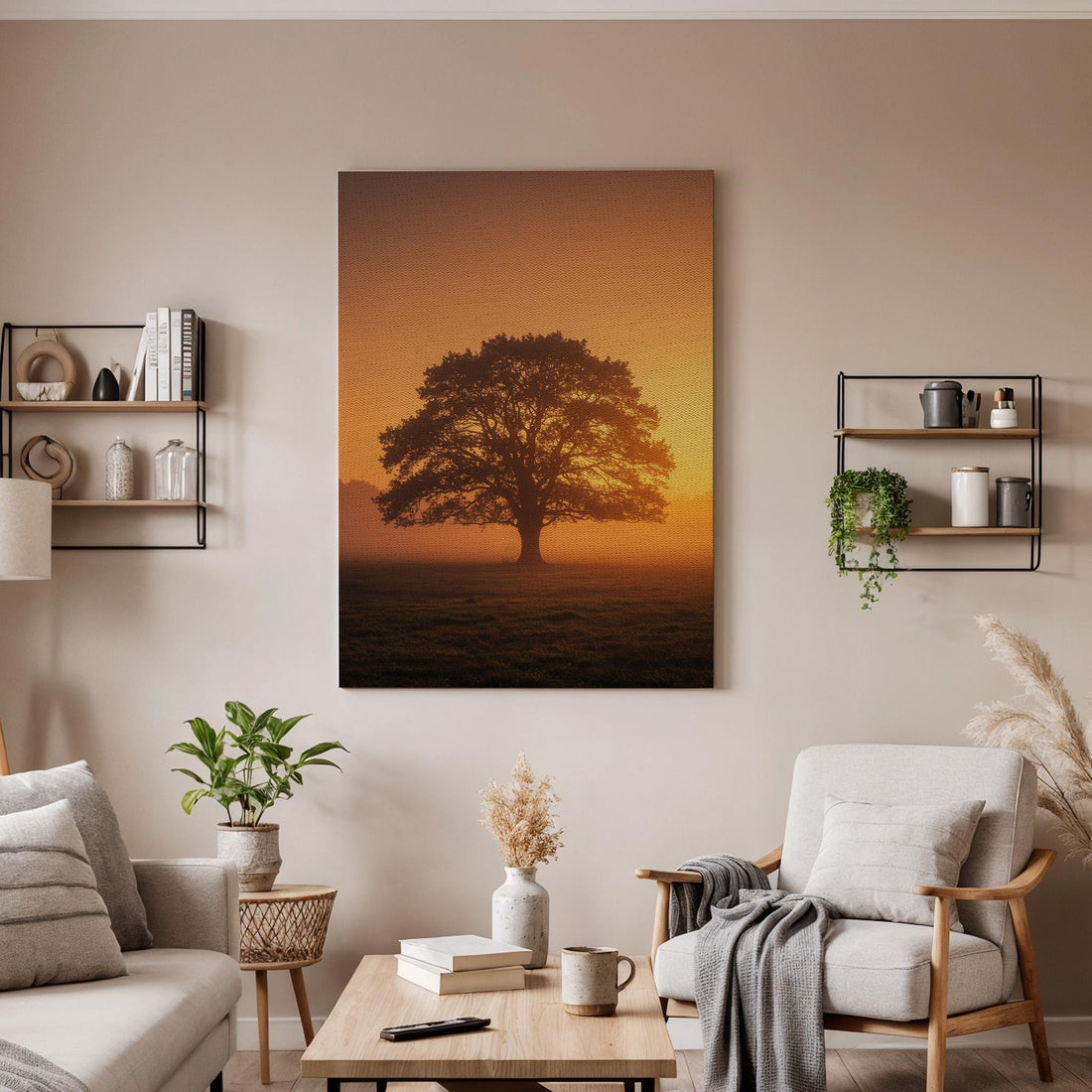 Sunset Tree Canvas Wall Art, Golden Hour Landscape Print, Framed Nature Photography, Serene Minimal Artwork for Living Room Bedroom