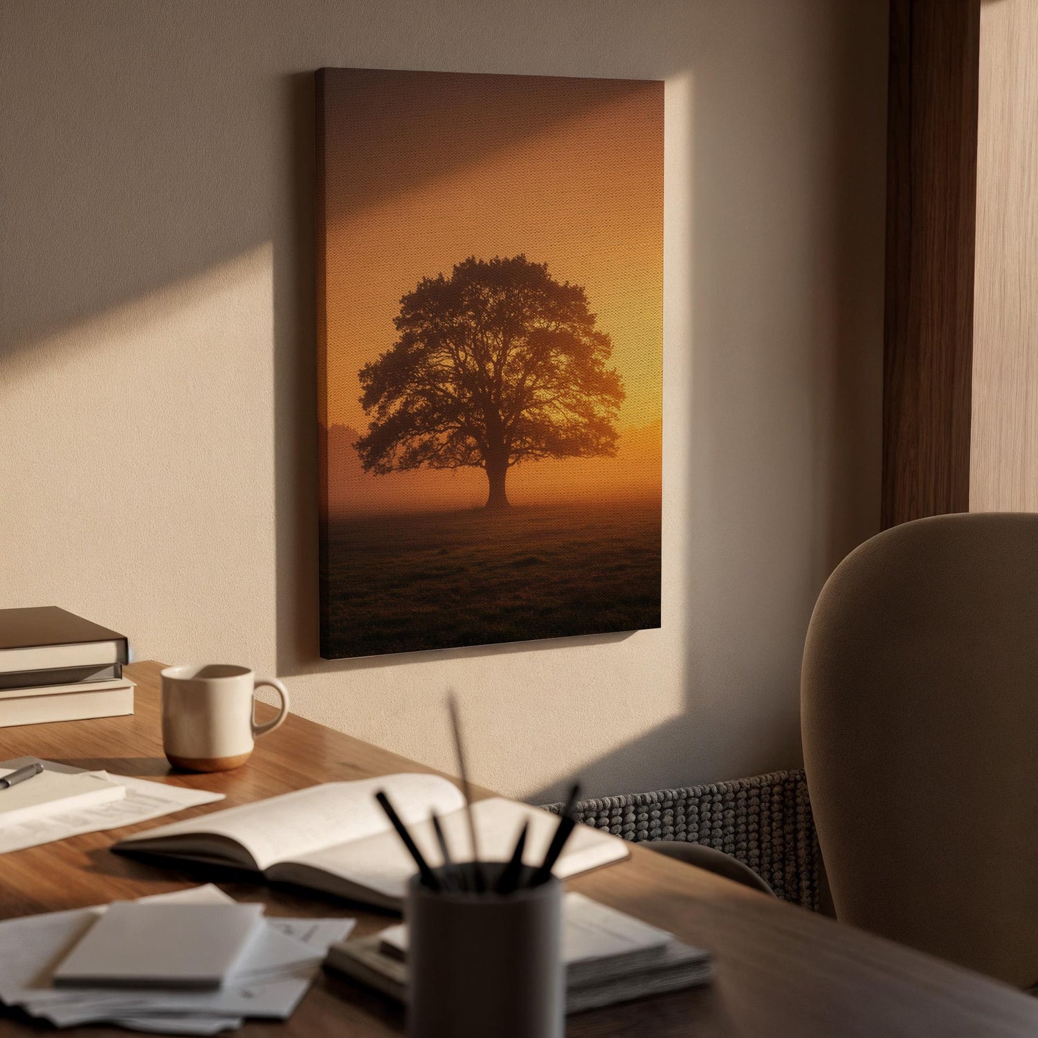 Sunset Tree Canvas Wall Art, Golden Hour Landscape Print, Framed Nature Photography, Serene Minimal Artwork for Living Room Bedroom
