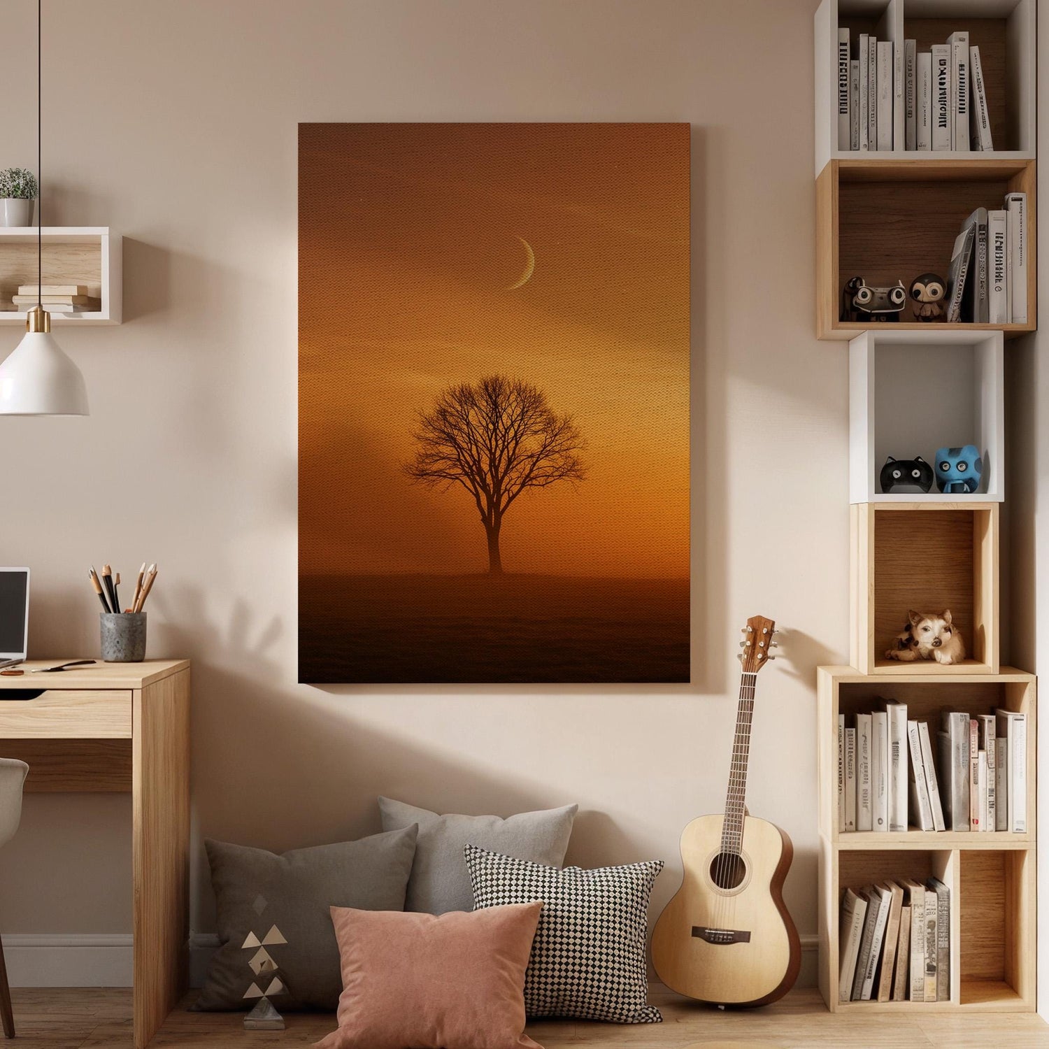Moonlit Tree Canvas Wall Art, Orange Sunset Night Sky Print, Framed Minimal Landscape Decor, Serene Nature Artwork for Bedroom, Living Room
