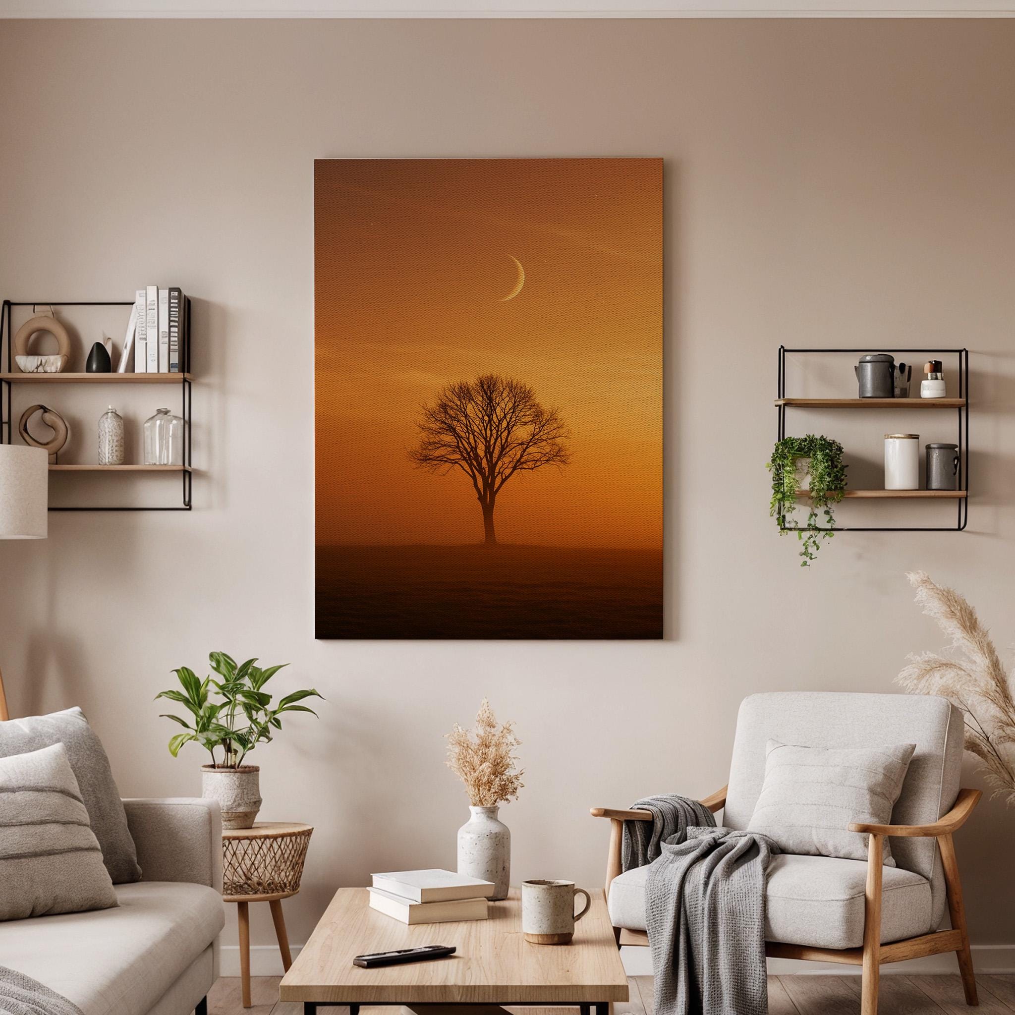 Moonlit Tree Canvas Wall Art, Orange Sunset Night Sky Print, Framed Minimal Landscape Decor, Serene Nature Artwork for Bedroom, Living Room
