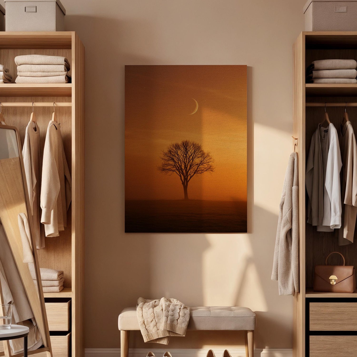 Moonlit Tree Canvas Wall Art, Orange Sunset Night Sky Print, Framed Minimal Landscape Decor, Serene Nature Artwork for Bedroom, Living Room