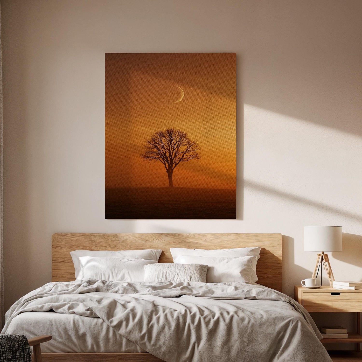 Moonlit Tree Canvas Wall Art, Orange Sunset Night Sky Print, Framed Minimal Landscape Decor, Serene Nature Artwork for Bedroom, Living Room
