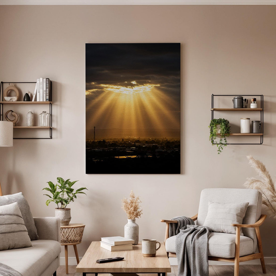 Golden Sun Rays Canvas Wall Art, Dramatic Sunset Sky Print, Framed Nature Photography, Serene Landscape Artwork for Living Room Bedroom