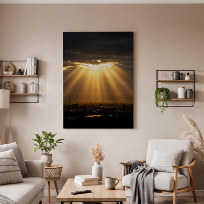 Golden Sun Rays Canvas Wall Art, Dramatic Sunset Sky Print, Framed Nature Photography, Serene Landscape Artwork for Living Room Bedroom
