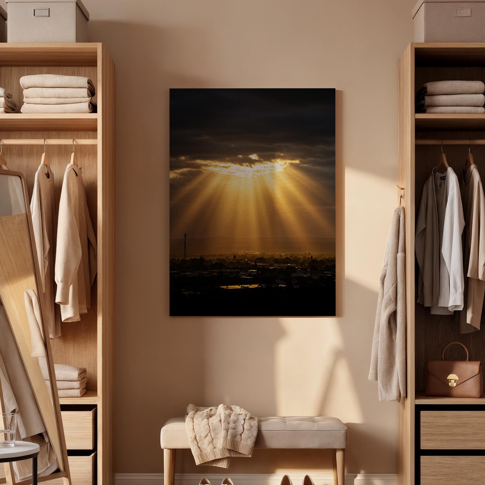 Golden Sun Rays Canvas Wall Art, Dramatic Sunset Sky Print, Framed Nature Photography, Serene Landscape Artwork for Living Room Bedroom
