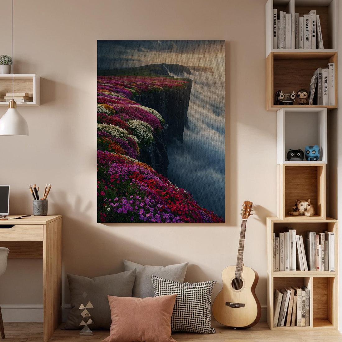 Flower Cliff Canvas Wall Art, Vibrant Nature Landscape Print, Framed Wildflower Artwork, Colorful Scenic Wall Decor for Living Room Bedroom
