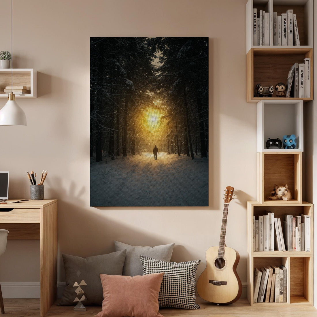 Forest Sunset Canvas Wall Art, Winter Snow Landscape Print, Framed Nature Artwork, Scenic Sunlight Path Wall Decor for Living Room Bedroom
