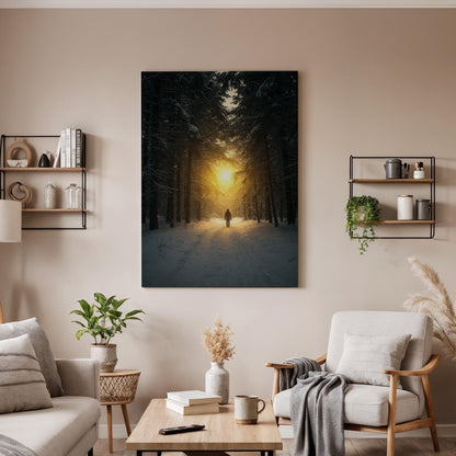 Forest Sunset Canvas Wall Art, Winter Snow Landscape Print, Framed Nature Artwork, Scenic Sunlight Path Wall Decor for Living Room Bedroom
