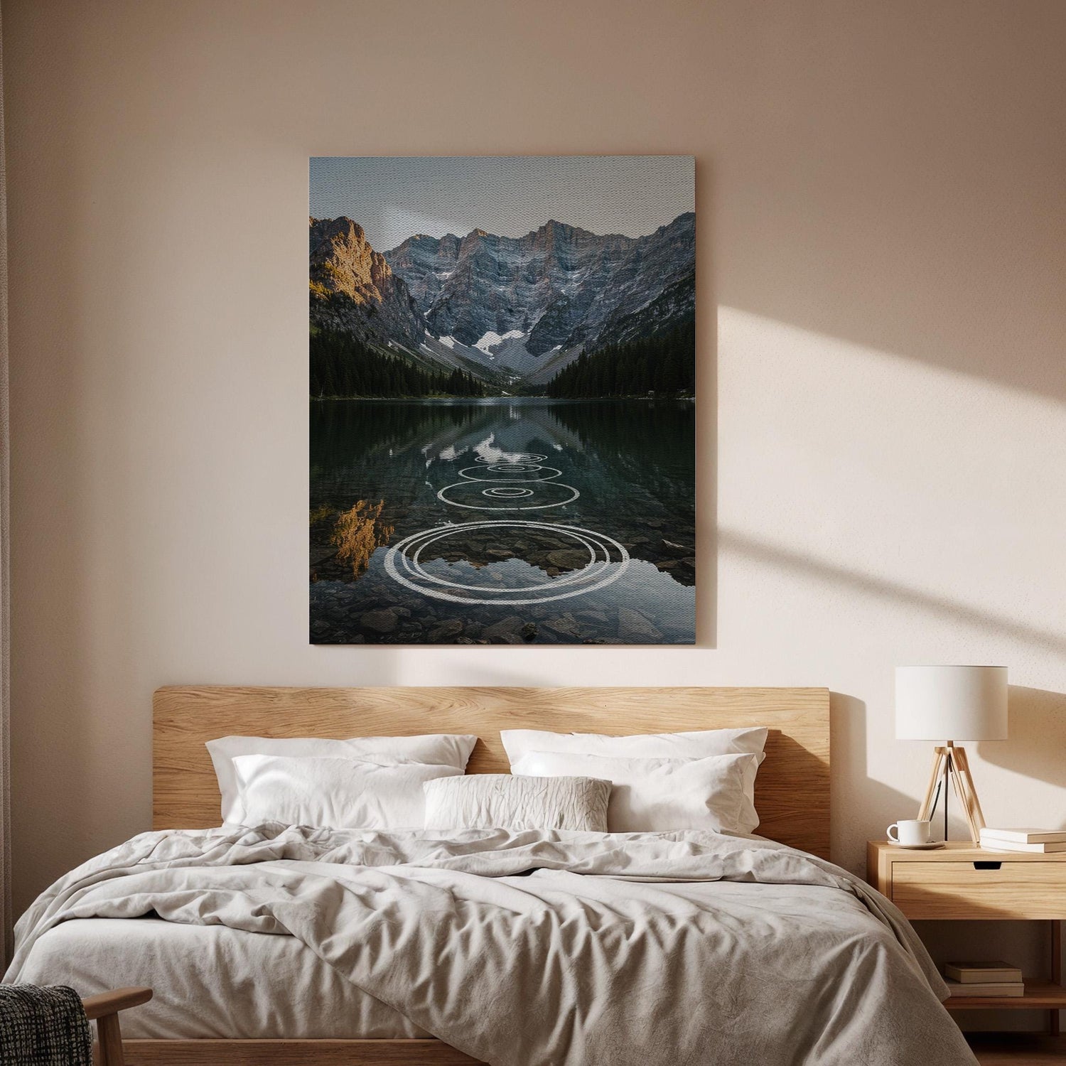 Mountain Lake Canvas Wall Art, Scenic Nature Landscape Print, Framed Reflection Artwork, Tranquil Water Ripple Wall Decor for Living Room