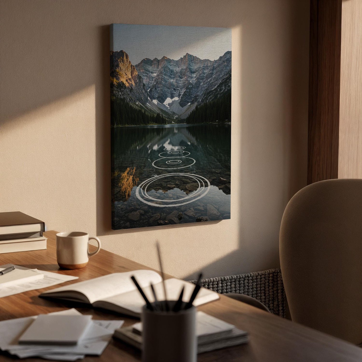 Mountain Lake Canvas Wall Art, Scenic Nature Landscape Print, Framed Reflection Artwork, Tranquil Water Ripple Wall Decor for Living Room