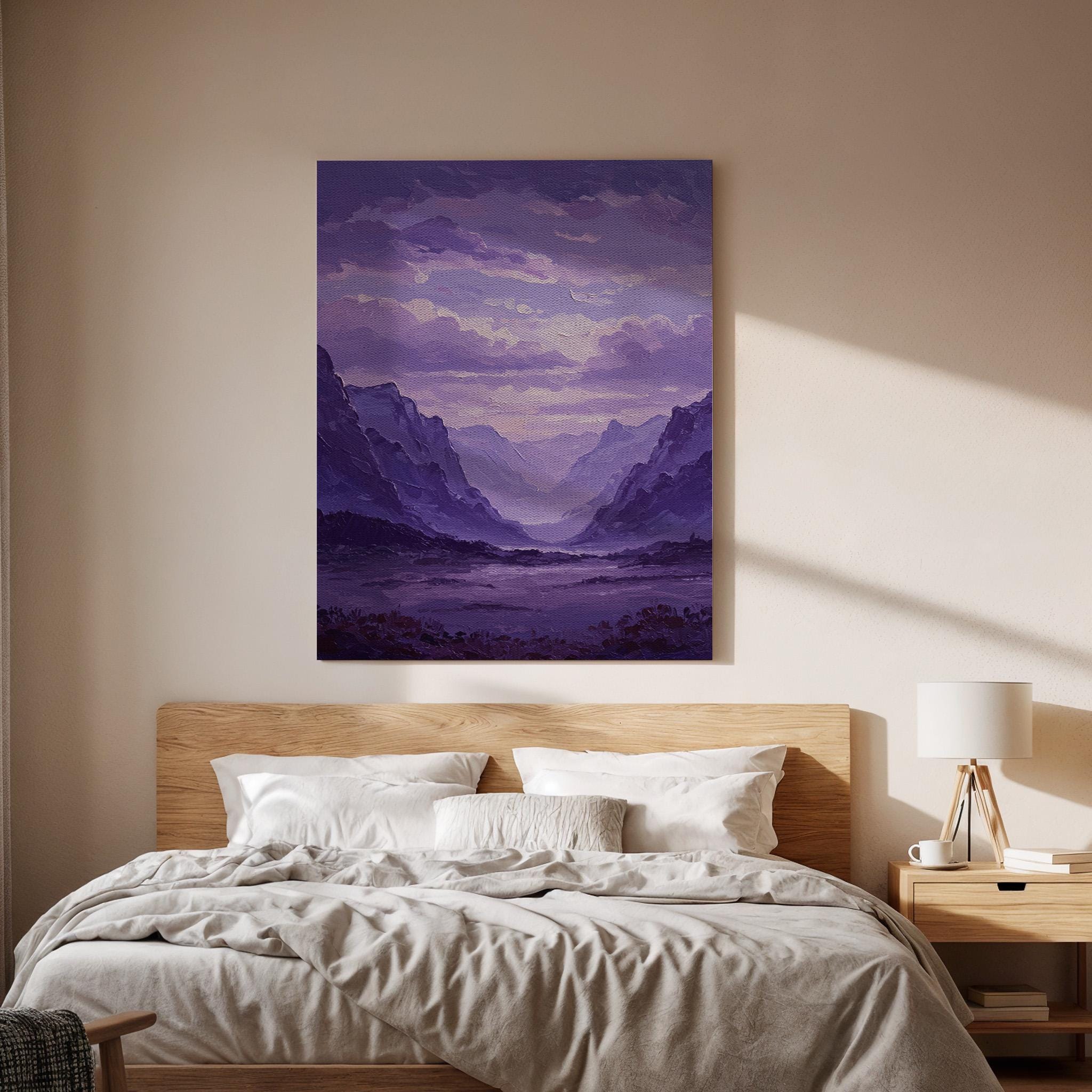 Purple Mountain Canvas Wall Art, Abstract Landscape Print, Framed Valley Artwork,Modern Minimal Nature Painting,Scenic Wall Decor for Office