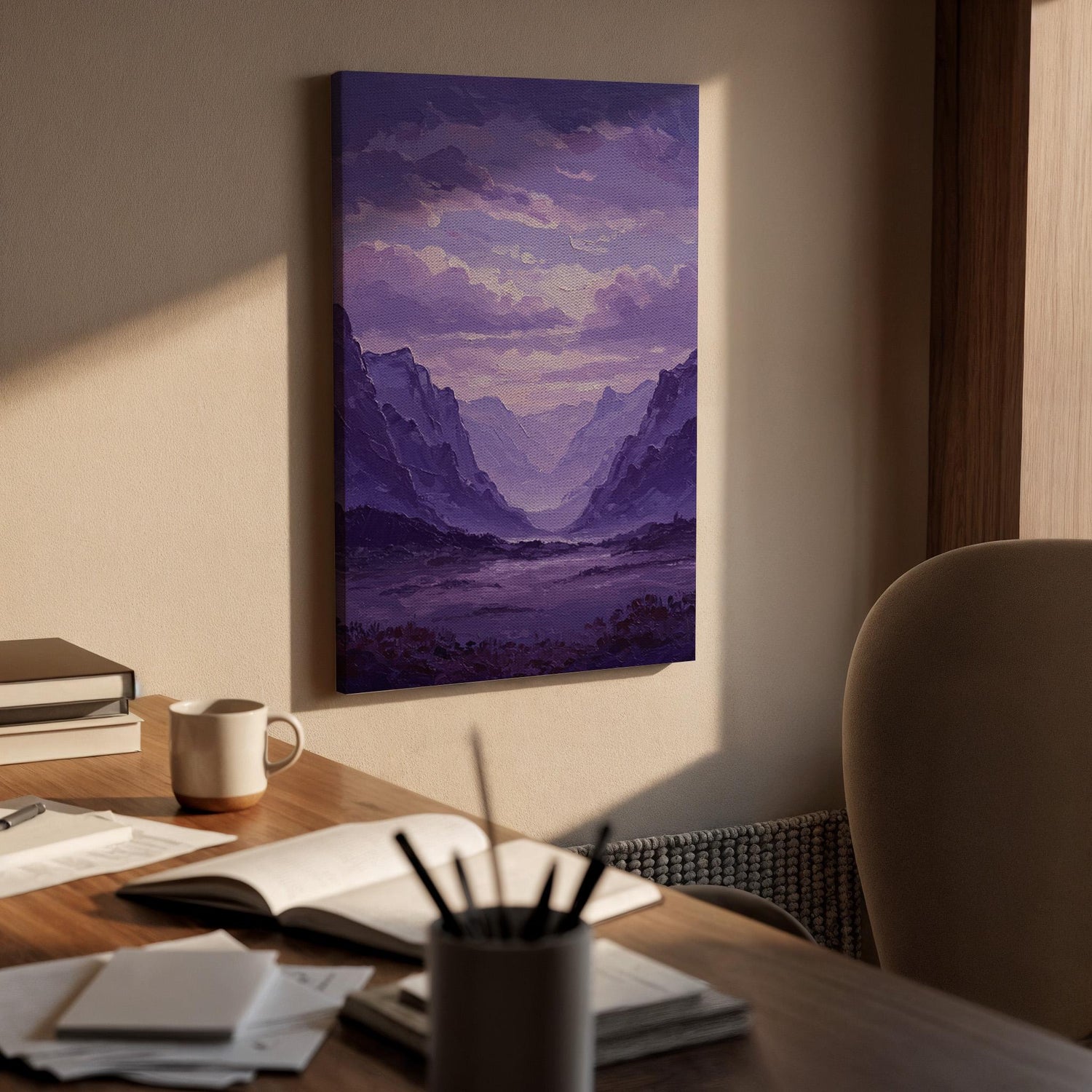 Purple Mountain Canvas Wall Art, Abstract Landscape Print, Framed Valley Artwork,Modern Minimal Nature Painting,Scenic Wall Decor for Office