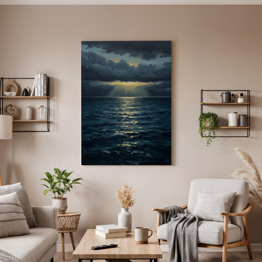 Ocean Sunset Canvas Wall Art, Stormy Sea Print, Dramatic Sky Decor, Framed Coastal Artwork, Seascape Painting for Living Room or Bedroom