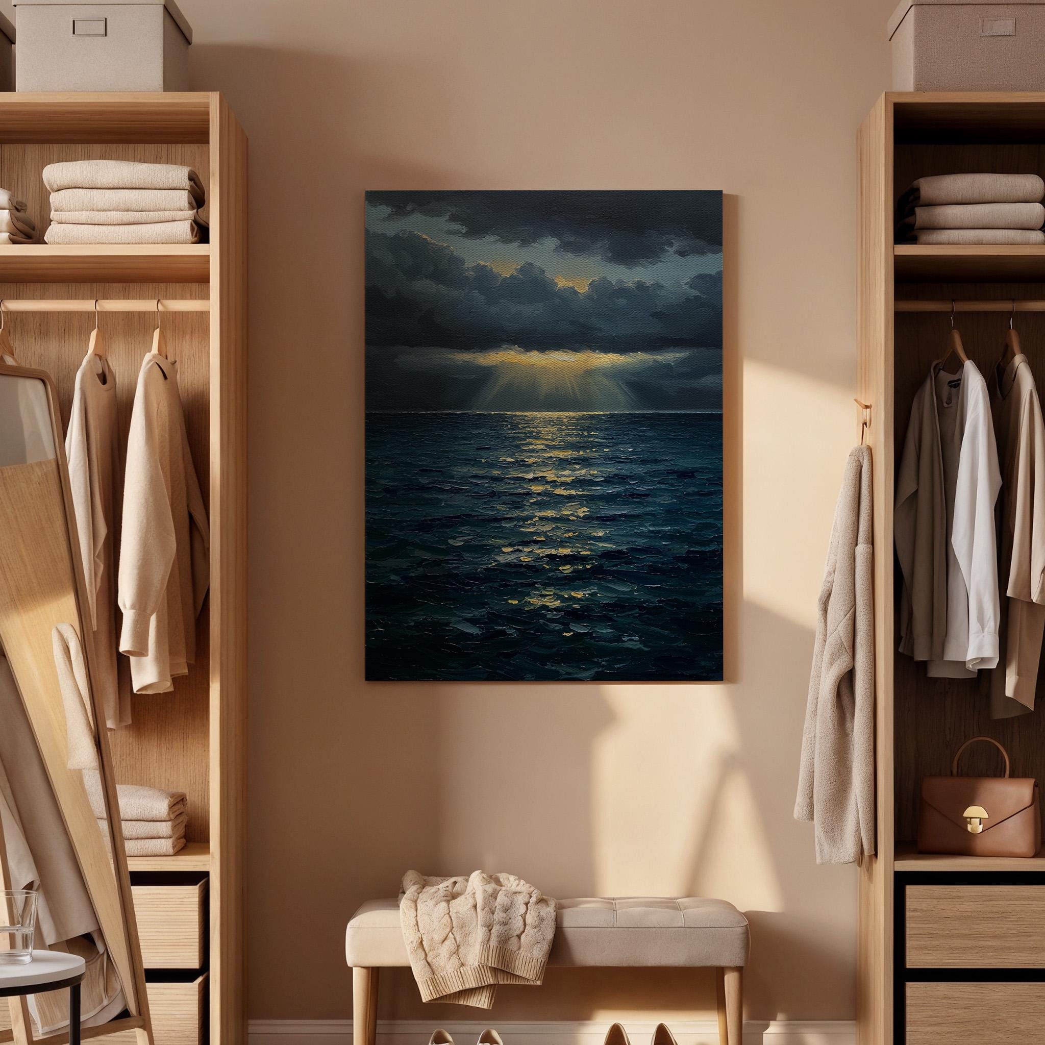 Ocean Sunset Canvas Wall Art, Stormy Sea Print, Dramatic Sky Decor, Framed Coastal Artwork, Seascape Painting for Living Room or Bedroom