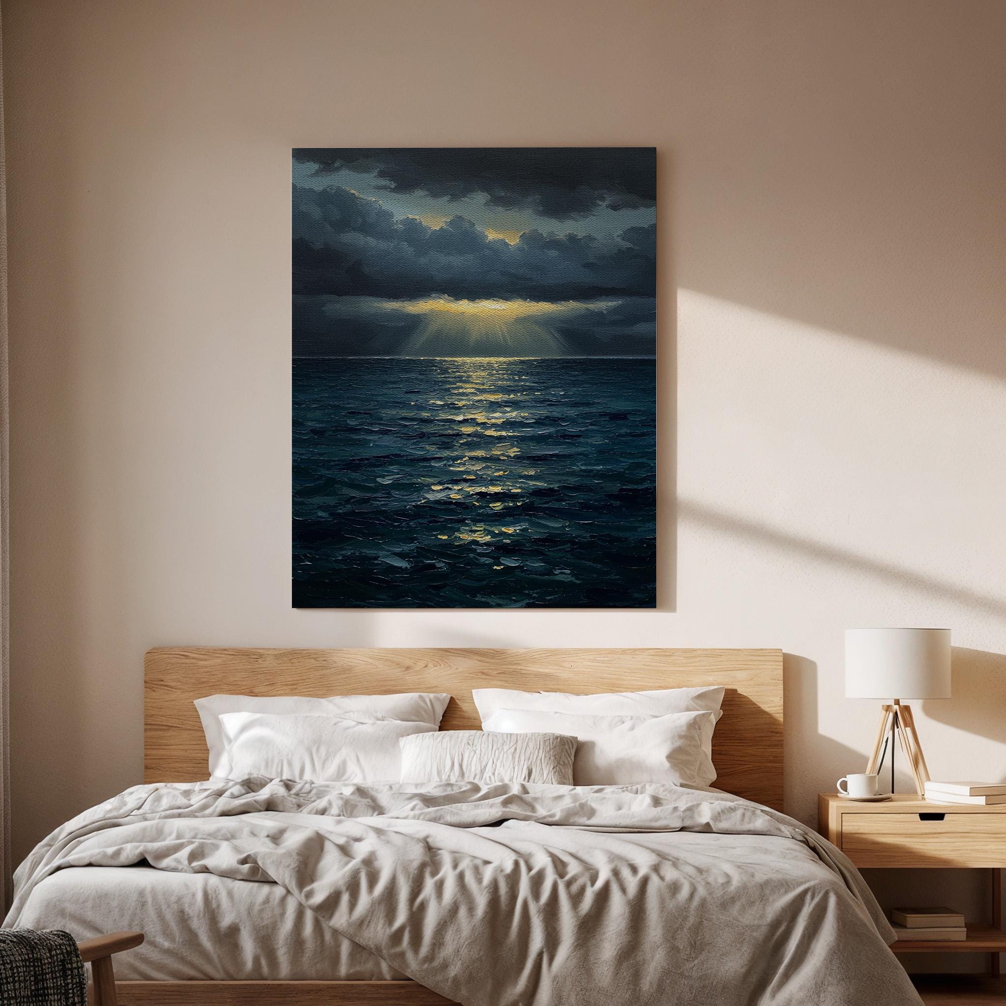 Ocean Sunset Canvas Wall Art, Stormy Sea Print, Dramatic Sky Decor, Framed Coastal Artwork, Seascape Painting for Living Room or Bedroom