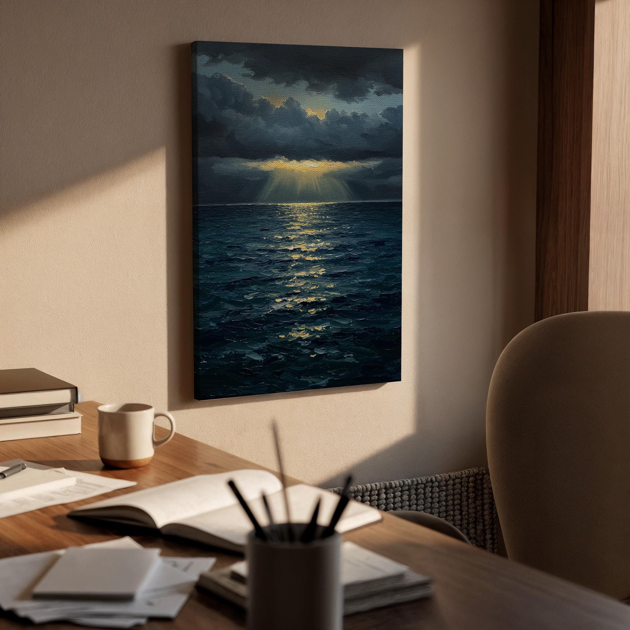 Ocean Sunset Canvas Wall Art, Stormy Sea Print, Dramatic Sky Decor, Framed Coastal Artwork, Seascape Painting for Living Room or Bedroom