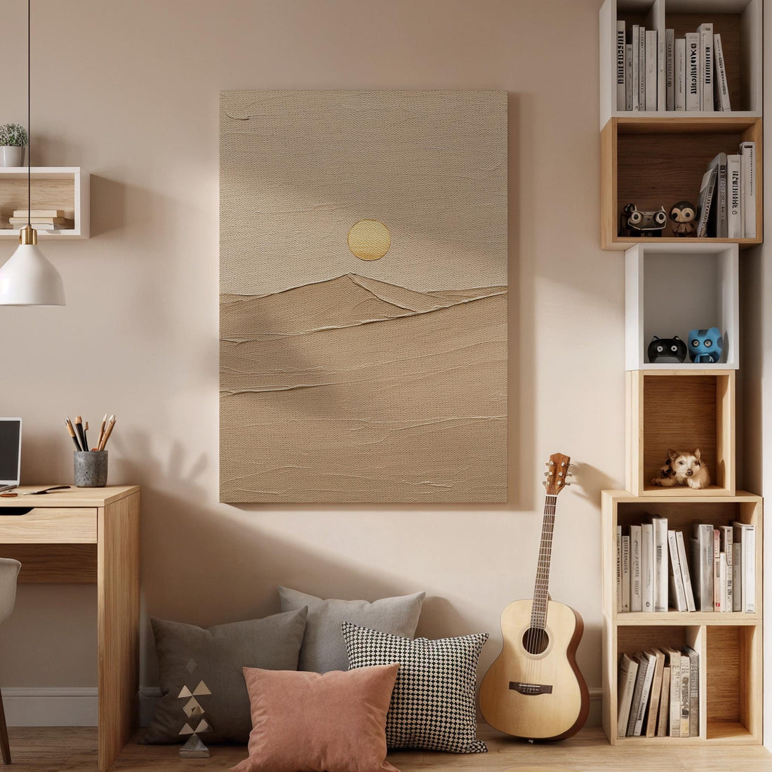 Minimal Desert Canvas Wall Art, Beige Sun and Sand Print, Textured Abstract Landscape Decor, Framed Modern Artwork for Living Room, Bedroom
