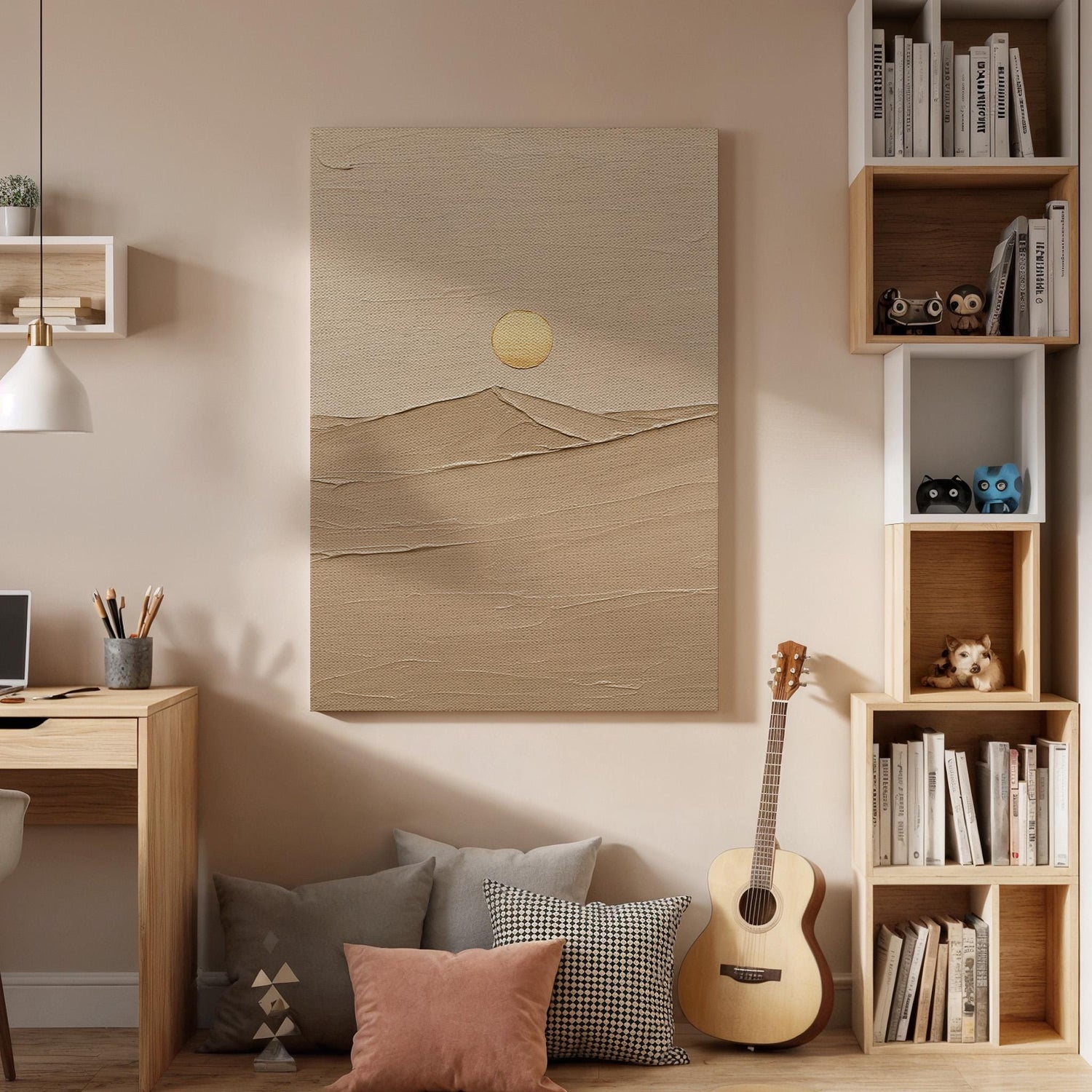Minimal Desert Canvas Wall Art, Beige Sun and Sand Print, Textured Abstract Landscape Decor, Framed Modern Artwork for Living Room, Bedroom