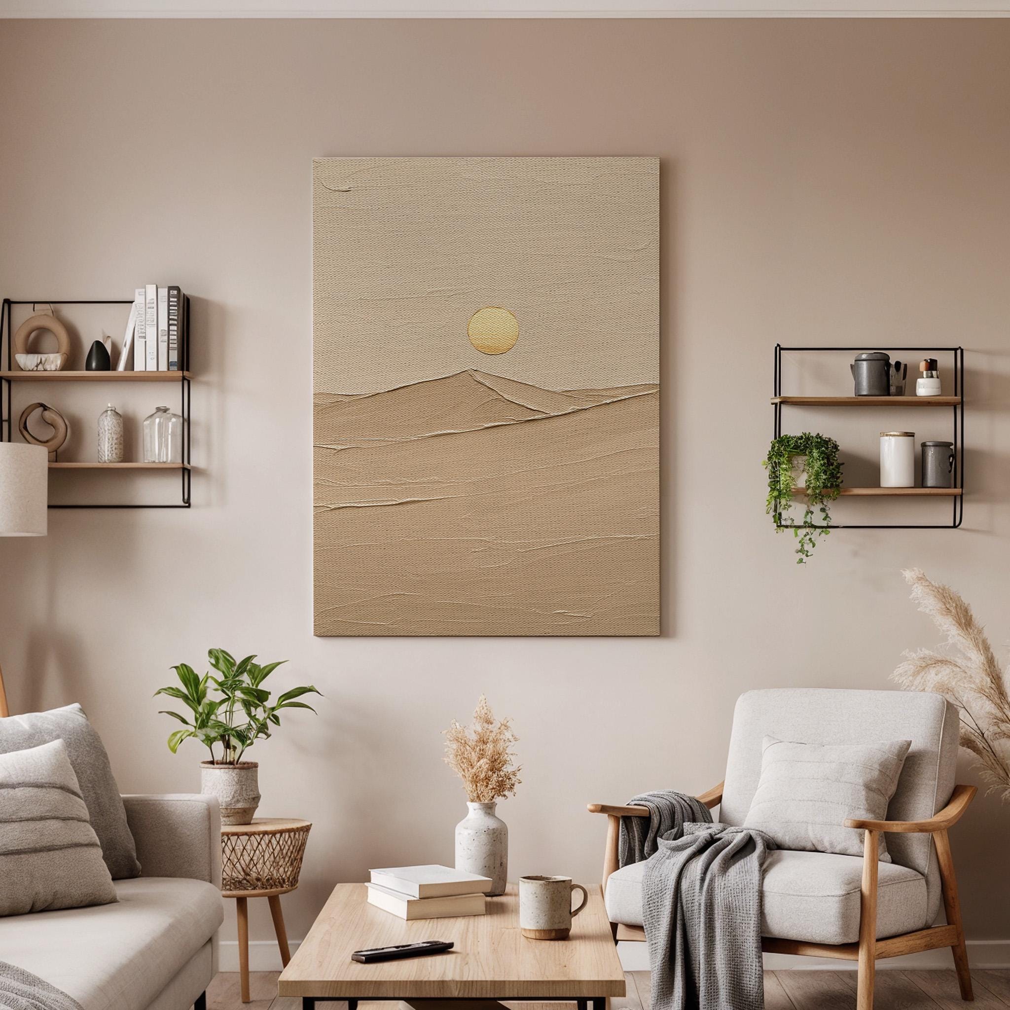 Minimal Desert Canvas Wall Art, Beige Sun and Sand Print, Textured Abstract Landscape Decor, Framed Modern Artwork for Living Room, Bedroom