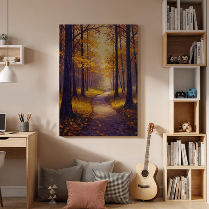 Autumn Forest Canvas Wall Art, Golden Pathway Print, Fall Landscape Decor, Framed Woodland Artwork, Warm Autumn Painting for Living Room