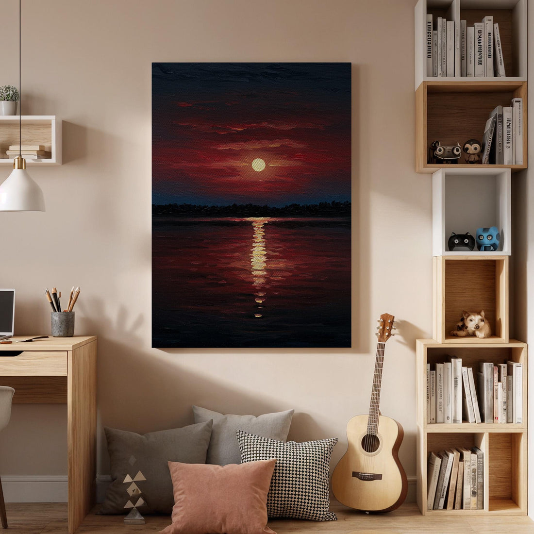 Red Sunset Canvas Wall Art, Golden Reflection Print, Dark Ocean Seascape Decor, Framed Horizon Artwork,Dramatic Sky Painting for Living Room