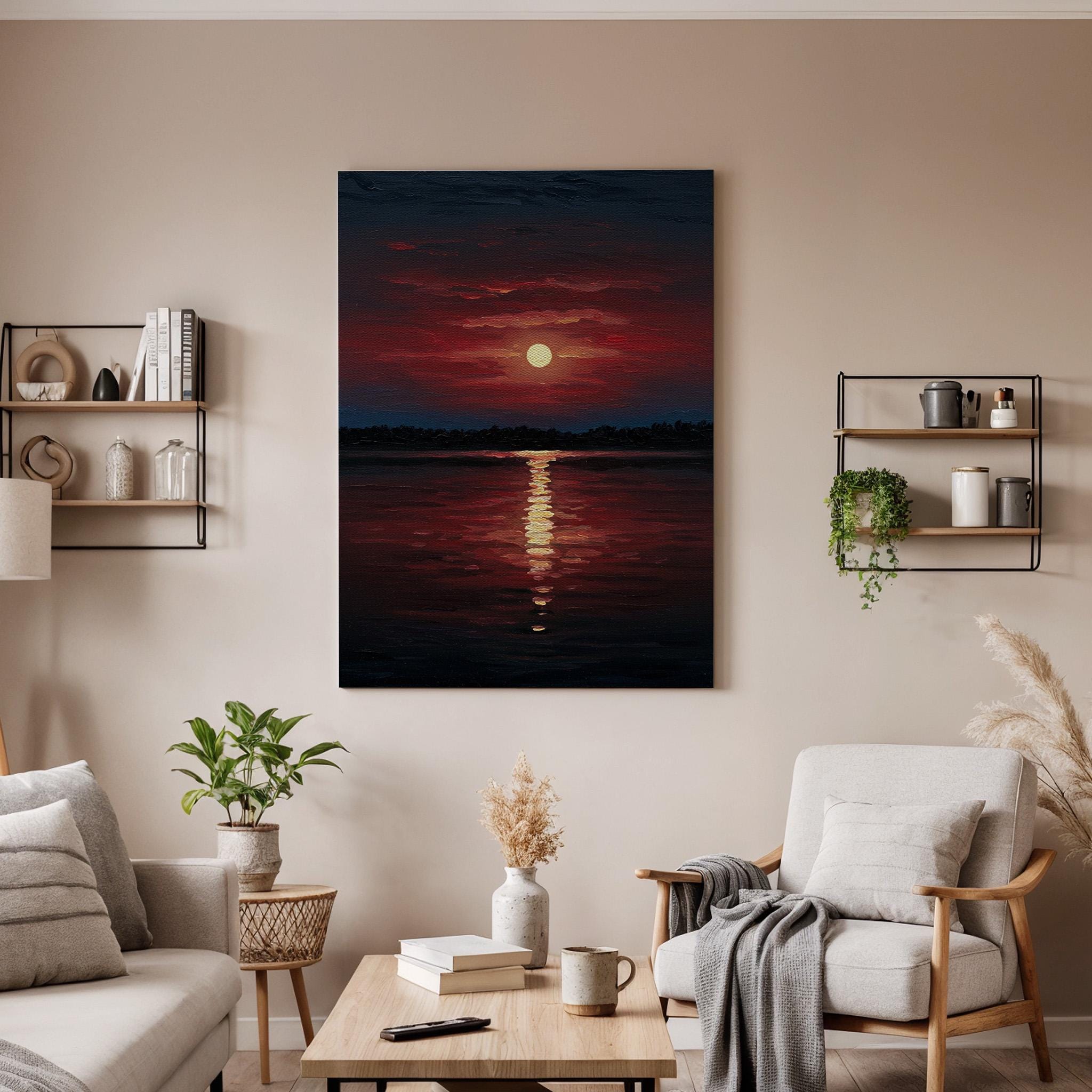 Red Sunset Canvas Wall Art, Golden Reflection Print, Dark Ocean Seascape Decor, Framed Horizon Artwork,Dramatic Sky Painting for Living Room