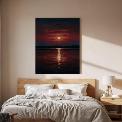 Red Sunset Canvas Wall Art, Golden Reflection Print, Dark Ocean Seascape Decor, Framed Horizon Artwork,Dramatic Sky Painting for Living Room