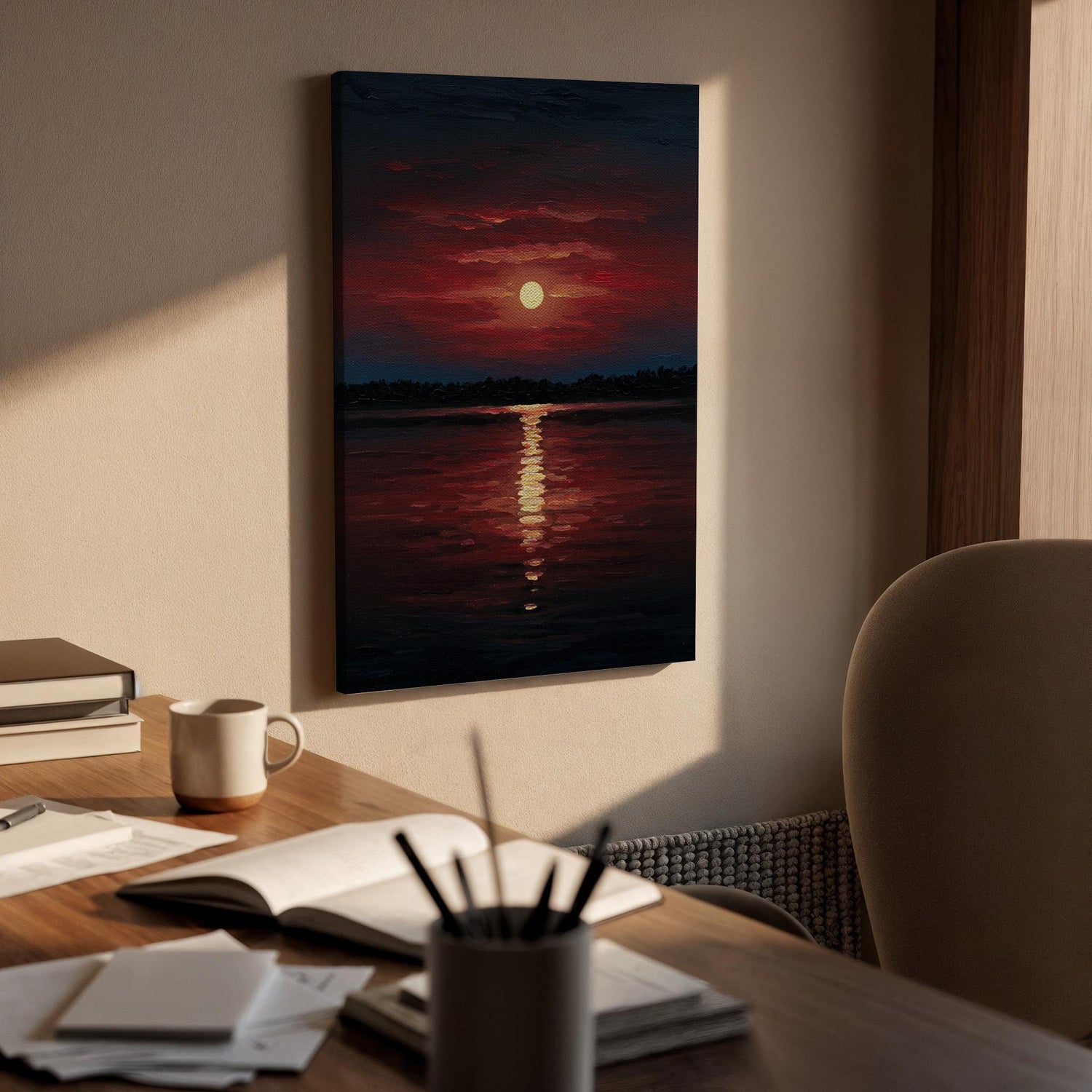 Red Sunset Canvas Wall Art, Golden Reflection Print, Dark Ocean Seascape Decor, Framed Horizon Artwork,Dramatic Sky Painting for Living Room