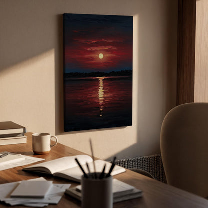 Red Sunset Canvas Wall Art, Golden Reflection Print, Dark Ocean Seascape Decor, Framed Horizon Artwork,Dramatic Sky Painting for Living Room